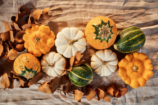 Pumpkins and Dried Leaves on Table